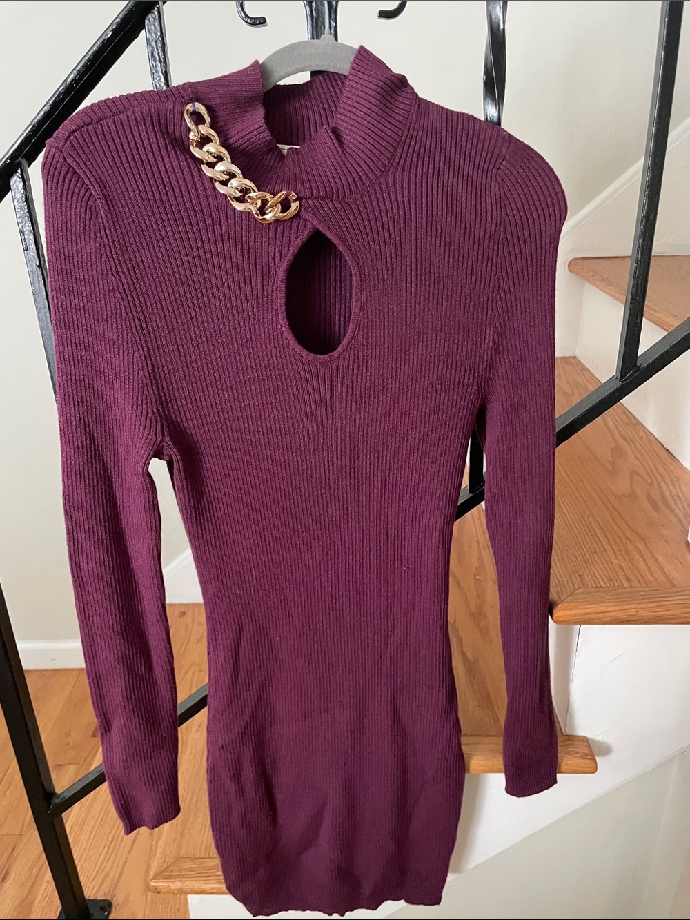 Mock Neck Ribbed Keyhole Sweater Dress - Plum